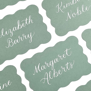 Sage Wavy scallop flat placecards custom hand calligraphy