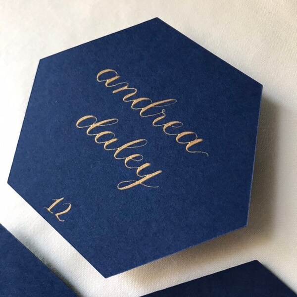 Navy hexagon place card