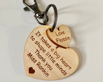 Personalised “big heart, little minds” teacher key ring present.