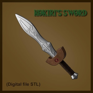 Peut inclure: Une illustration numérique d'une épée avec une lame argentée ornée de volutes gravées, une garde marron avec un accent rouge circulaire et un manche sombre. Le texte KOKIRI'S SWORD et (Digital file STL) apparaît sur fond marron uni.