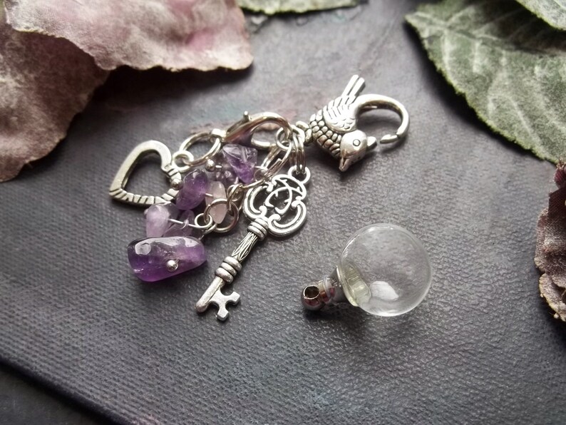 2 PIECES Mini Glass Urn Ashes Cremation Jewelry Keepsake Keychain Fillable Glass Globe Key Charm Heart Purple Amethyst Cremation Pendant