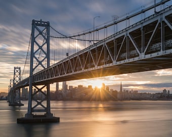 Bay Bridge San Francisco Skyline, sunset, architectural photography, bridge cityscape, San Francisco skyline, industrial style art