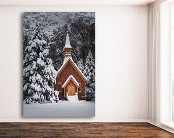 Yosemite Chapel Print, Landscape Photography, Winter Scene Canvas