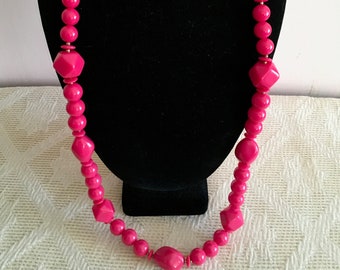Bright Pink Wood and Glass Necklace