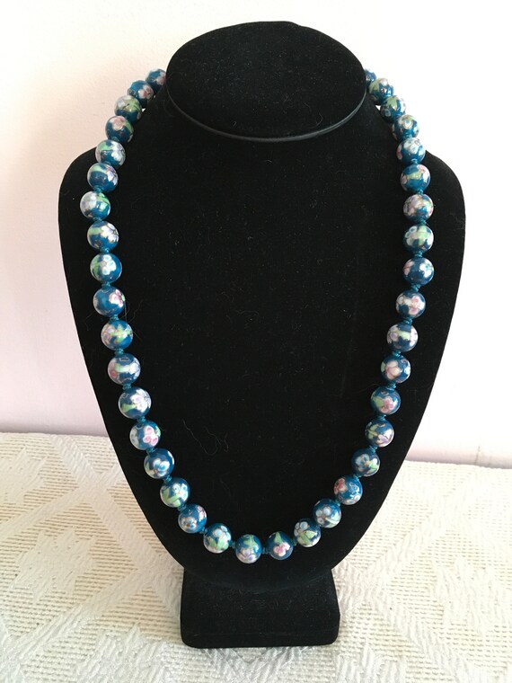 New Price! Blue Flowered Porcelain Beaded Necklace - image 1