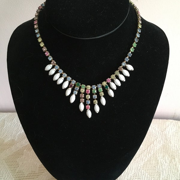 Vintage Milk Glass and Rhinestone Necklace