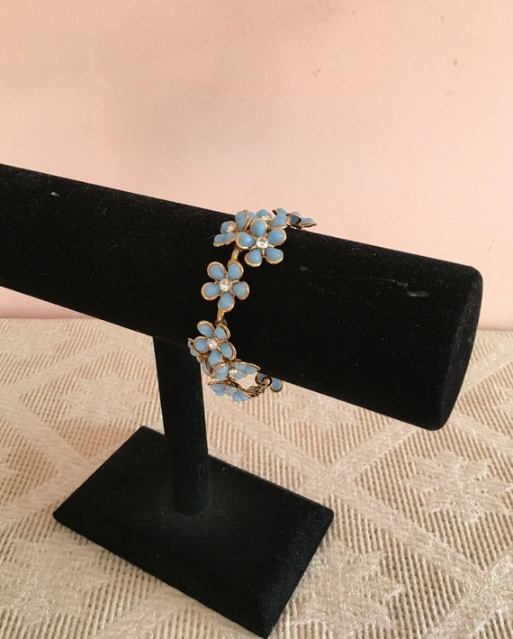 Blue Plastic and Rhinestone Flower Bracelet