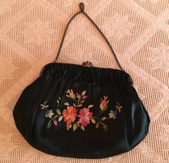 Black Satin Embroidered Evening Bag with Jeweled C