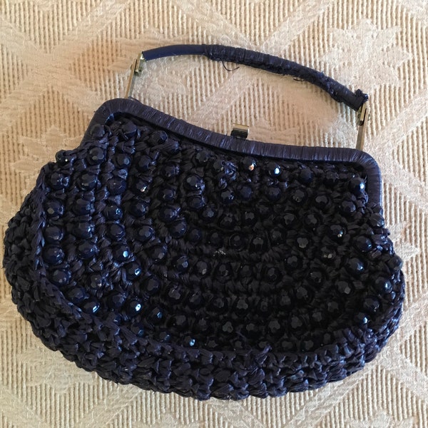 Beaded Navy Blue Raffia Bag