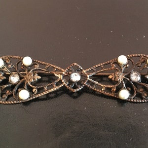 Vintage Pressed Metal and Faux Pearl Bow Brooch