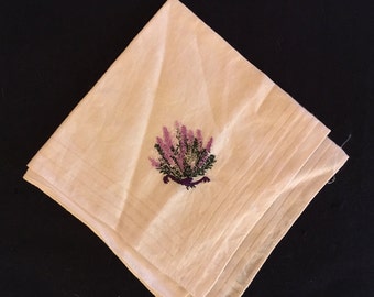 White Handkerchief with Embroidered Purple Flowers