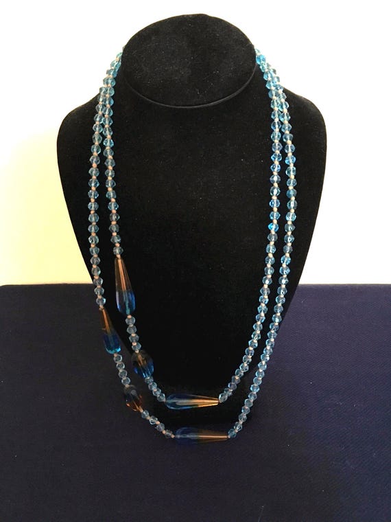 Aqua Crystal Beaded Necklace: Long Layering Strand, Gold Thread