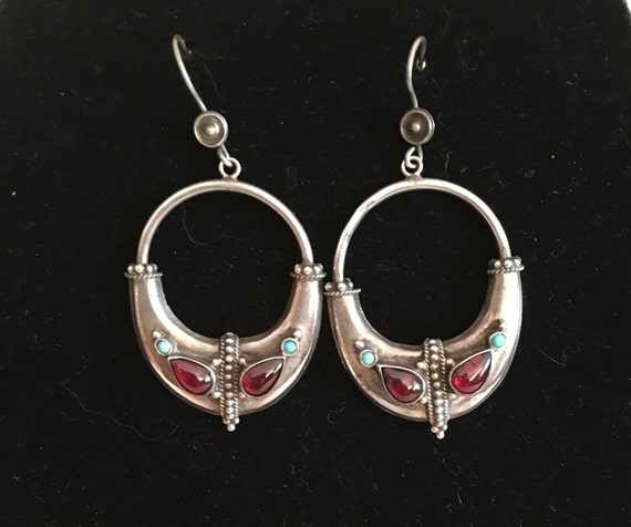 Silver Dangle Earrings with Red Stones - image 1