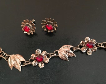 Sterling Silver Red Crystal Floral Demi Parure