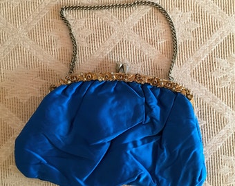 Royal Blue Satin Bag with Floral Frame