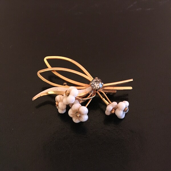 Milk Glass Flower and Rhinestone Brooch