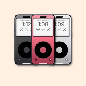 May include: Three smartphones with a retro music player interface are displayed. The phones are black, pink, and silver, each showing a different time and battery level. The interface mimics an older music player design.