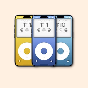 May include: Three iPhone mockups with different colored backgrounds. The left phone has a yellow background, the middle phone has a blue background, and the right phone has a light blue background. All three phones display a clock with the time 1:11 or 1:10 and the date Sunday, December 24. The phones also display a music player icon with a circle in the center.