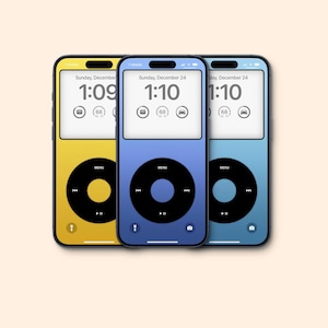 Puede incluir: Tres maquetas de iPhone con fondos de colores diferentes. Los teléfonos muestran un widget de reloj con la hora 1:09, 1:10 y 1:10. La fecha es domingo 24 de diciembre. Los teléfonos también tienen un icono circular que se asemeja a un reproductor de música iPod.