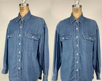 Vintage 1980's Women's Western Stonewash Blue Denim Workwear Chore Shirt Lightweight Jacket Size Medium