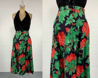 Vintage 1970's Black Red Asian Rhododendron Floral Cotton A-line Midi Skirt Rockabilly Pin-up 4 Small