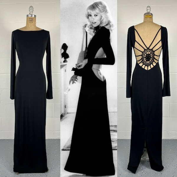 Vintage 1990's Does 1970's Black Slinky Knit Backless Maxi Gown Crochet Spiderweb Detailing Gothic Glamour Small