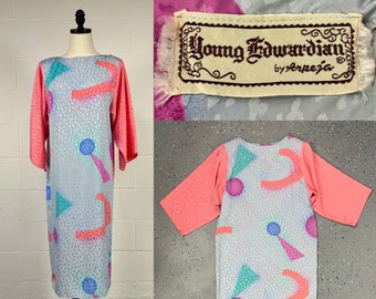 Vintage 1980's Pastel Geometric Memphis Design Jaquard Satin Midi Sheath Dress Young Edwardian Vaporwave Glamour 8