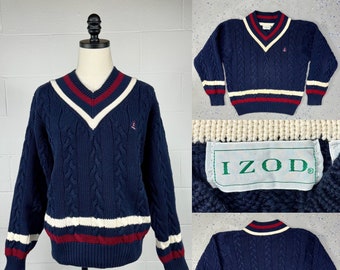 Jahrgang 1980 IZOD Lacoste Navy Blau Baumwolle Kabel Cricket Pullover Tennis Pullover V-Ausschnitt Gesticktes Wappen Classic Preppy Medium