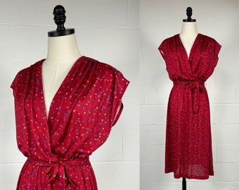 Vintage 1970's Red Colorful Confetti Print Fit And Flare Surplice Dress Gathered Shoulders Belt Glamour Disco Size 12