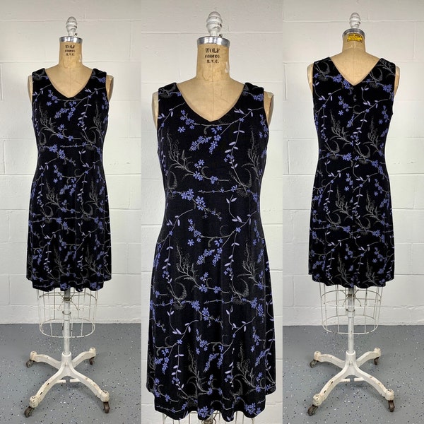 Vintage 1990's Y2K Black And Purple Floral Slinky Knit Mini A-line Shift Dress Whimsygoth Grunge 6