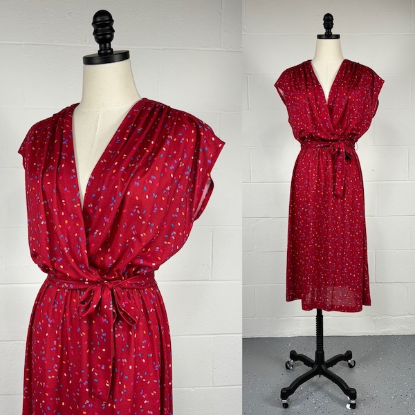 Vintage 1970's Red Colorful Confetti Print Fit And Flare Surplice Dress Gathered Shoulders Belt Glamour Disco Size 12