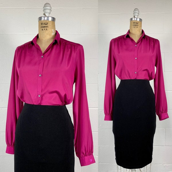 Vintage 1980's Gloria Vanderbilt Shiny Fuscia Woven Button Down Mistress Blouse Embroidered Swan Logo Secretary Disco Small 6