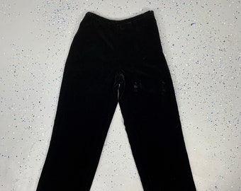 Vintage 90s Black Silk Velvet High Waist Wide Leg Palazzo Pants Side Zip Elastic Back Waist 8/10 Medium