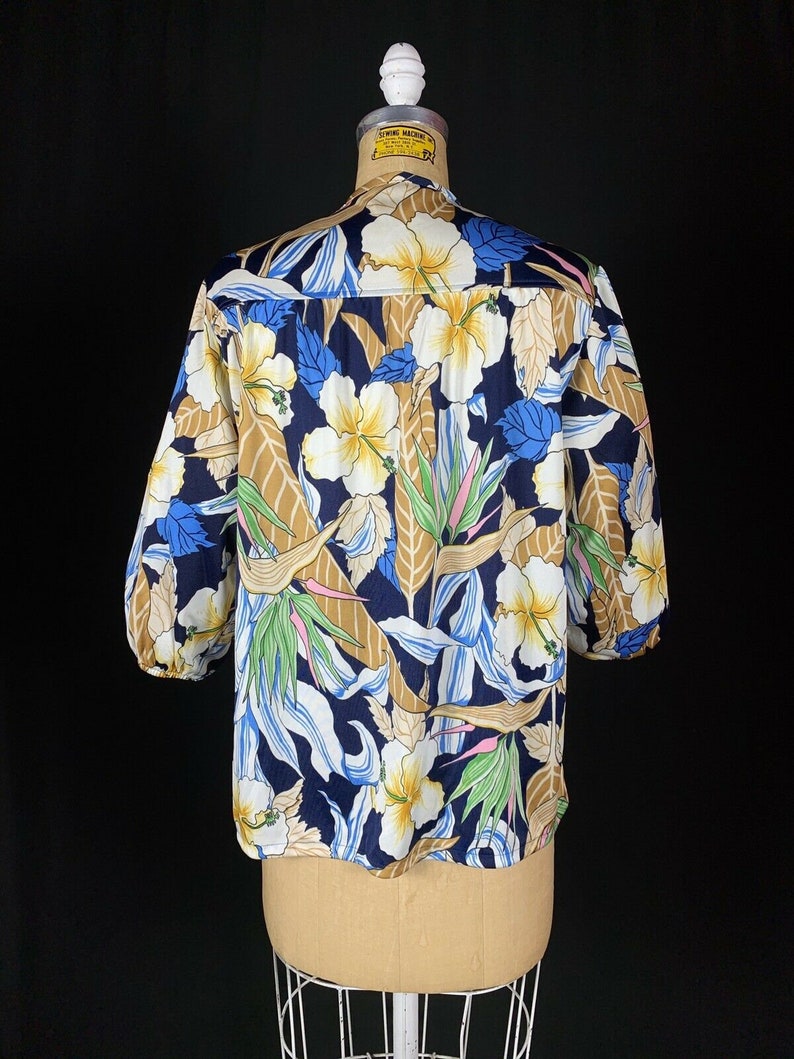 Vintage 1970/'s Judy Bond Exotic Blue Floral Balloon Sleeve Peasant Blouse Glamour Disco Size 10