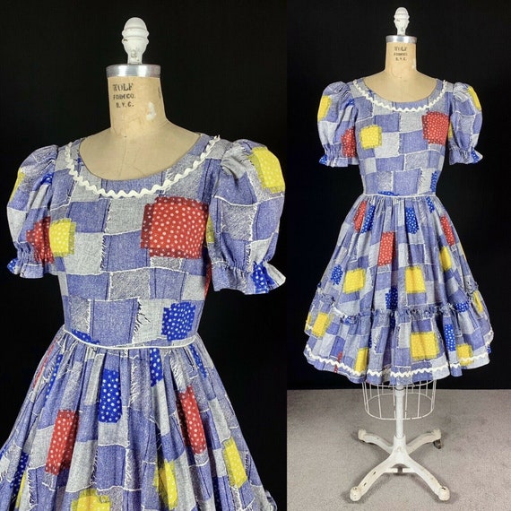 Vintage 1960's Patchwork Denim Floral Print Fiesta
