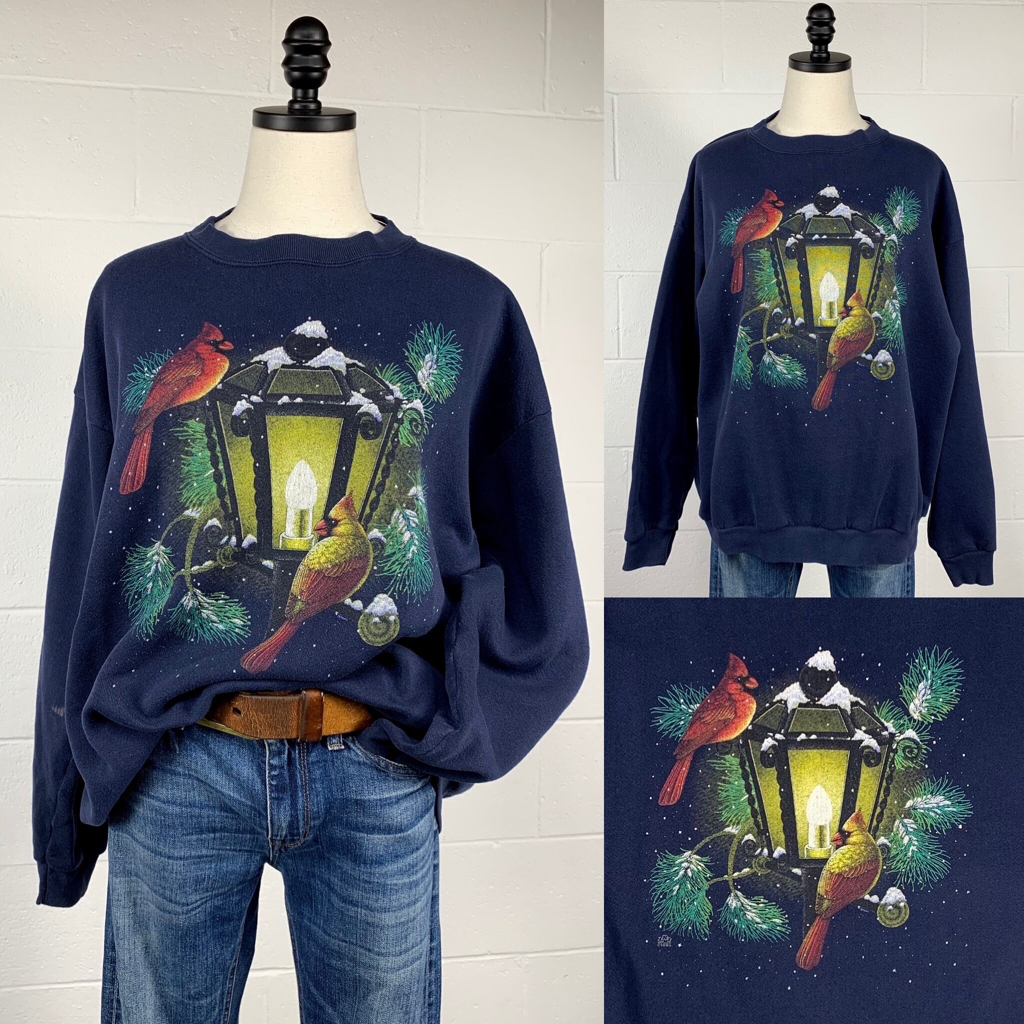 Vintage 90s Blue Thrashed Sweatshirt Snowy Winter Scene Postlight Cardinals XL