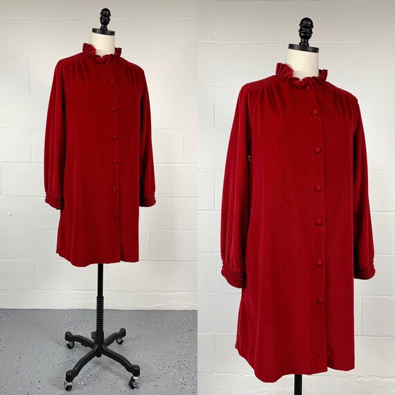 Vintage 1970's Deep Red Velour fleece Duster Midi… - image 5