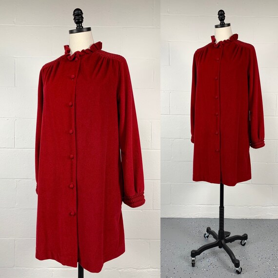 Vintage 1970's Deep Red Velour fleece Duster Midi… - image 4