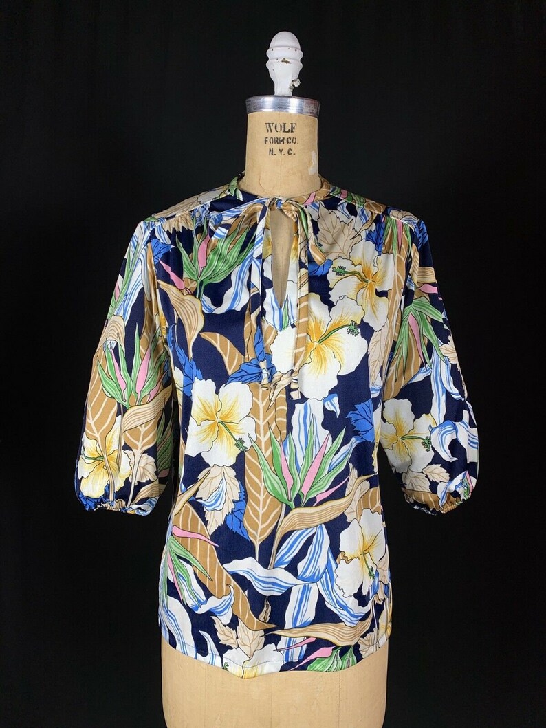 Vintage 1970/'s Judy Bond Exotic Blue Floral Balloon Sleeve Peasant Blouse Glamour Disco Size 10