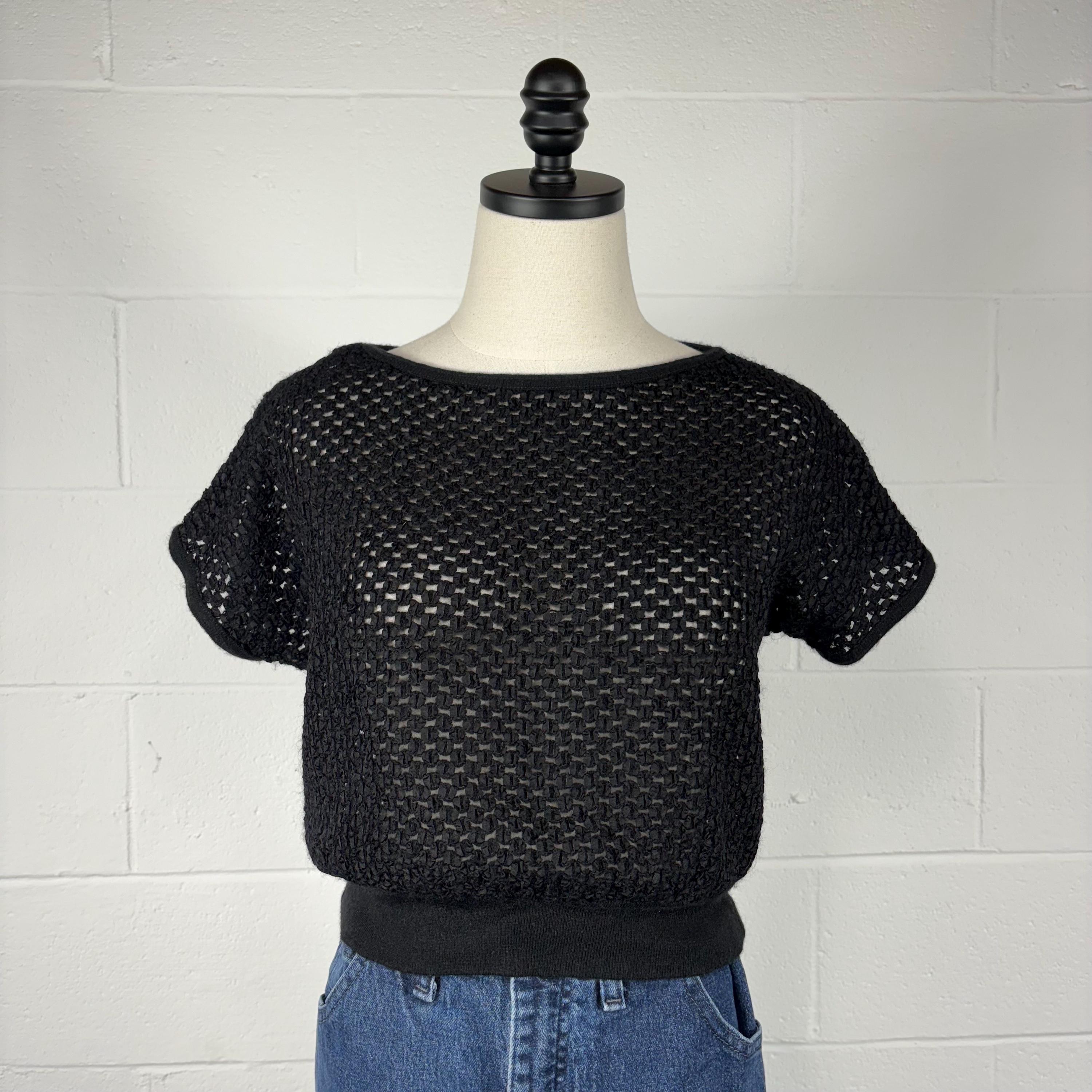 Vintage 1980's Sheer Black Woven Ribbon Knit Crop Top Banded