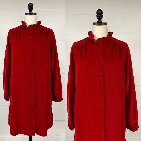 Vintage 1970's Deep Red Velour fleece Duster Midi… - image 2