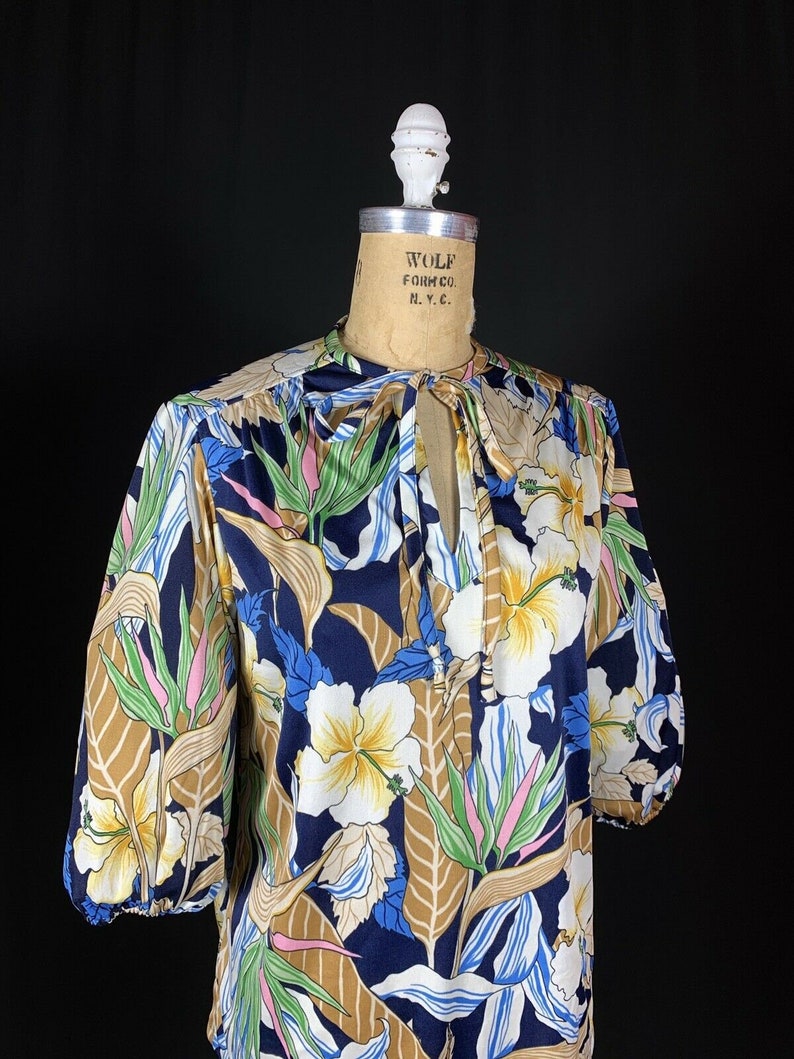 Vintage 1970/'s Judy Bond Exotic Blue Floral Balloon Sleeve Peasant Blouse Glamour Disco Size 10