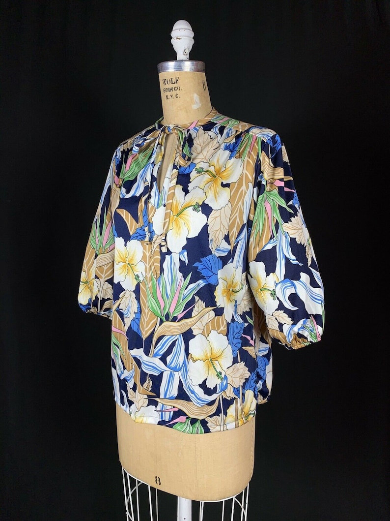 Vintage 1970/'s Judy Bond Exotic Blue Floral Balloon Sleeve Peasant Blouse Glamour Disco Size 10