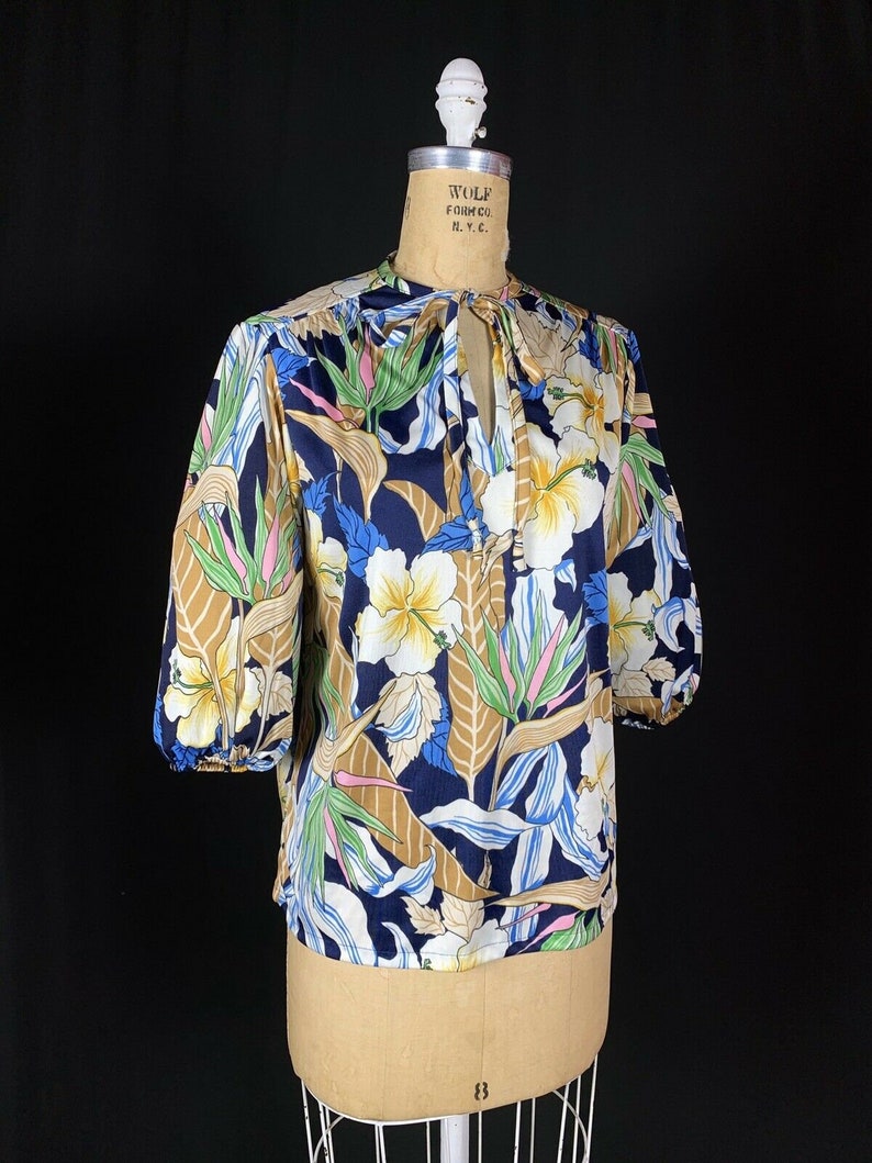 Vintage 1970/'s Judy Bond Exotic Blue Floral Balloon Sleeve Peasant Blouse Glamour Disco Size 10
