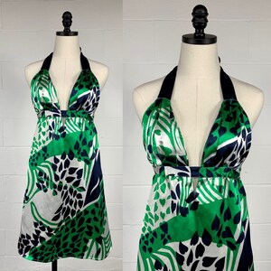 Vintage Y2K Forever 21 Liquid Satin Mini Halter Dress Plunge Neck Heart Print S