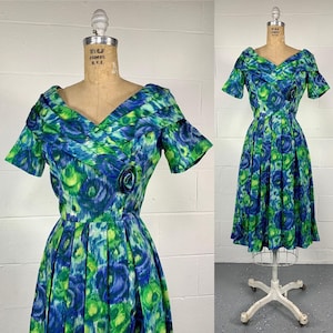 Vintage 50s Green Blue Satin Floral Fit And Flare Swing Dress Portrait Collar 6