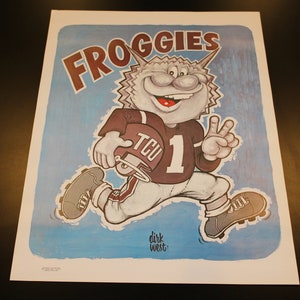 TCU Horned Toad 1972 Dirk West Print/ UT, A&M, SMU, Baylor, Arkansas, Rice, U.H. - West Advertising copyright 1972 1103 8th St., Lubbock