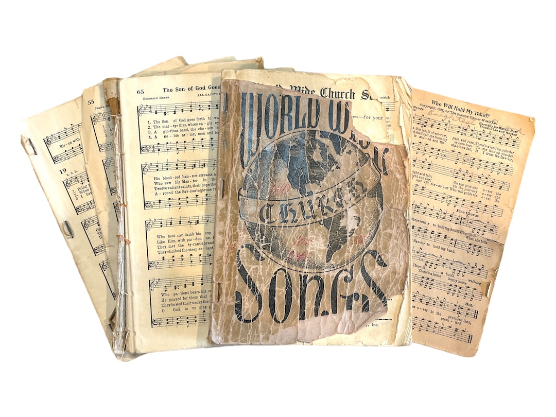 Beautiful Vintage Hymnal Pages Books Real Patina, World Wide Church Songs, 1947, Crafting ...