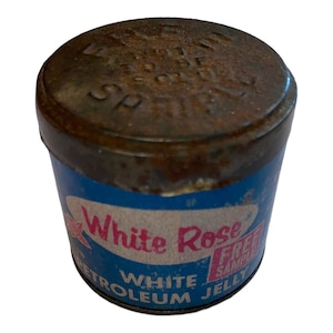 Vtg. Free Sample White Rose Petroleum Jelly Tin and Cardboard Advertising Can - Strickland and co, Memphis Tennessee, 2 oz, original lid