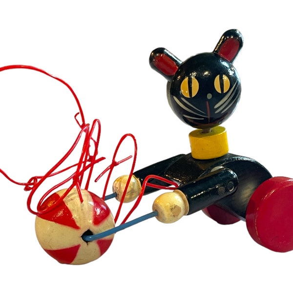 Midcentury Black Cat Pull Toy - made in Japan, spring tail, ball, tied, vintage, retro, funky, cool cat, kitten, kitty, rolling ball, old